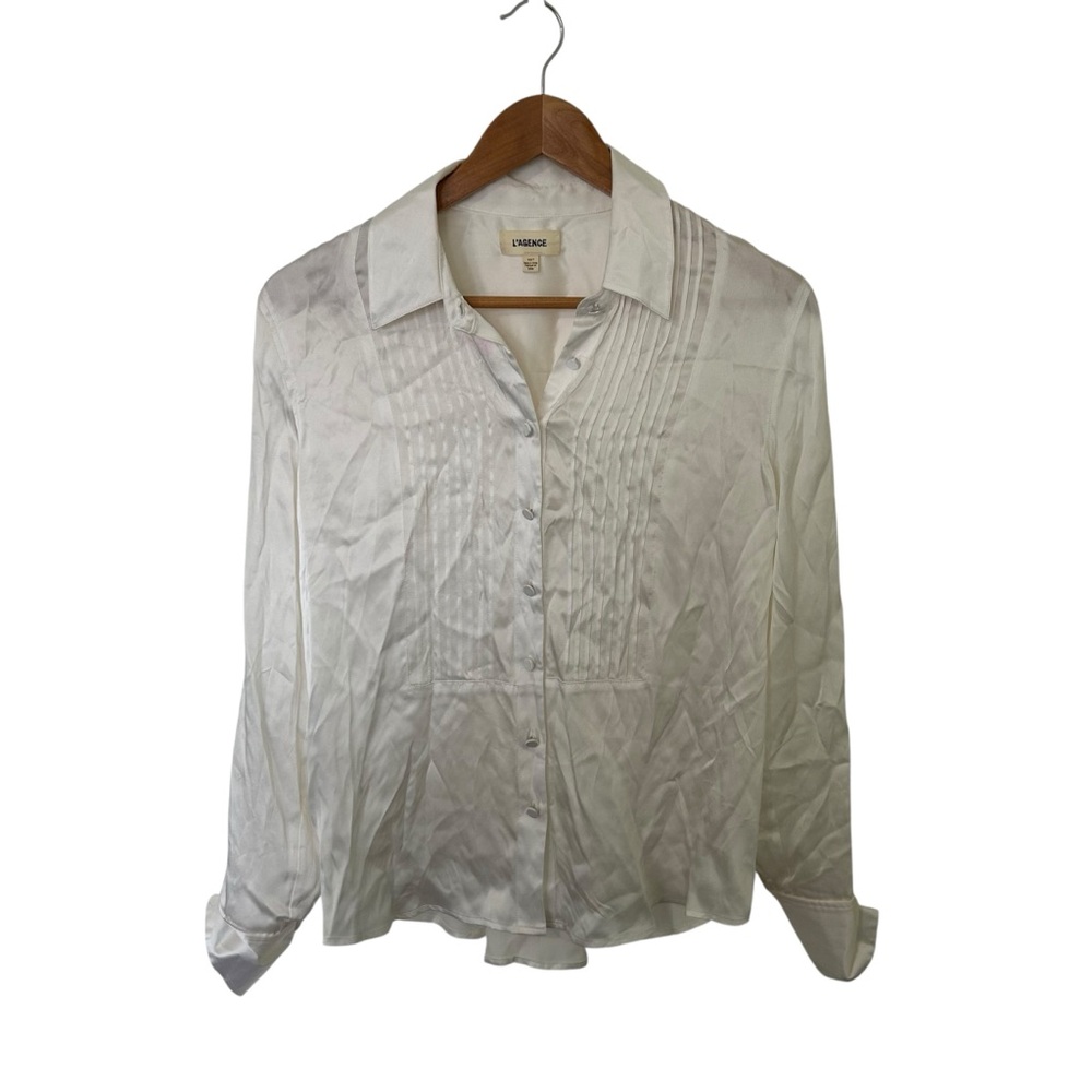 L’Agence White Silk Pleated Button Down Blouse Satin Tuxedo Shirt Size XS